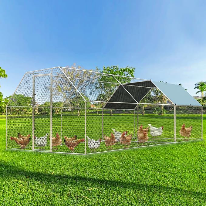 4ever2buy Large Metal Chicken Coop with Run Walk-in Poultry, Cage Chicken Runs House Pen Cage, Flat Roofed Chicken Coops with Anti-Ultraviolet Cover for Outdoor, Yard Farm, Use 9.2’Lx18.7’Wx6.4’H