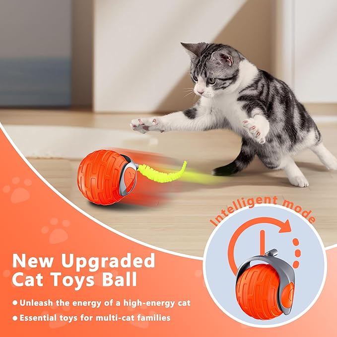 Cat Toys,Interactive Cat Toys Ball for Bored Indoor Cat,Automatic Rolling,Drop Resistant and Obstacle Avoidance,2 Modes Adjustment,Fluffy Tail and USB Type-C Rechargeable(Orange)