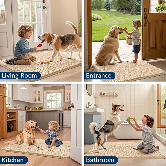 Smiry Dog Door Mat for Muddy Paws 30x17, Absorbs Moisture and Dirt Doormat, Non-Slip Washable Quick Dry Chenille Front Door Mat Indoor Entrance, Entryway Carpet for Inside Floor, Beige