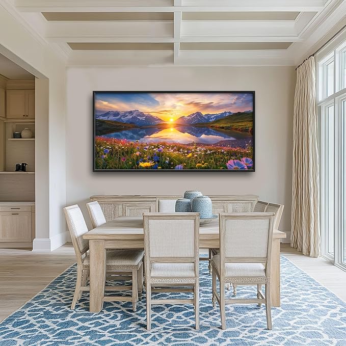 Mountain Large Wall Art Sunrise Lake Flower Field Pictures Nature Landscape Wall Decor Canvas Print Painting Artwork for Bathroom Living Room Bedroom 60L" x 30W"