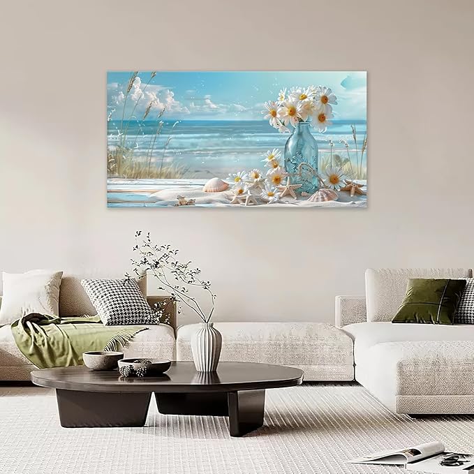 Large Beach Wall Art for Living Room Flower Daisy Art Big Space Size Framed Ocean Shell Canvas Prints Blue Pictures Painting Artwork Office Bedroom Home Decor 60"x30"