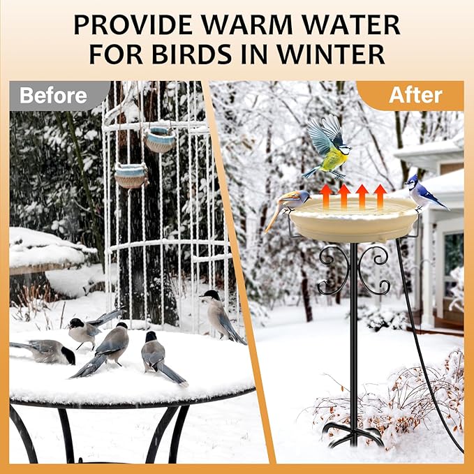 Daoeny Heated Bird Bath for Winter, Upgraded 100W Heated Bird Baths for Outdoors Thermostat Control with 5-Prong Metal Base, Heated Bird Bath for Outside Winter Garden Patio Yard Lawn (Khaki)