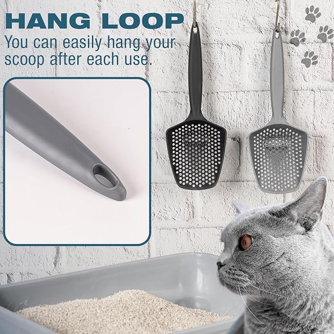 Set of 2 Cat Litter Scoop with Small Holes for Fine Litter, Hanging Handle Deep Reptile Terrarium Sand Sifter, Poop Scooper Rabbit Pooper Lifter Kitten Sifting Shovel (Black, Set of 2)