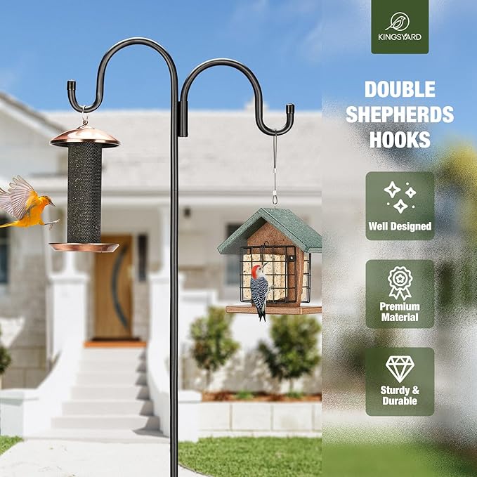 Kingsyard 2 Pack Adjustable Double Shepherds Hook for Outdoor - 108" Heavy Duty Bird Feeder Pole w/ 5-Prong Base, Hummingbird Feeder Stand for Garden, Plant Baskets, Halloween Solar Light Lantern