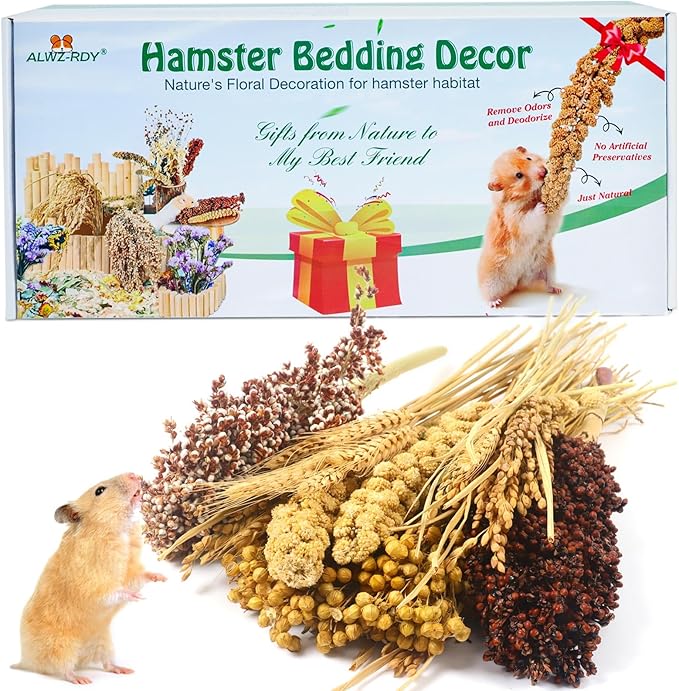 Natural Hamster Bedding, Hamster Herbs Flowers for Hamster Cage Enclosure Habitat Decor Hamster Sprays for Dwarf Syrian Guinea Hamsters Gerbil Degus or Other Small Animals(Grain Version)