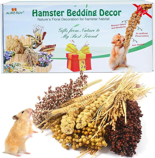 Natural Hamster Bedding, Hamster Herbs Flowers for Hamster Cage Enclosure Habitat Decor Hamster Sprays for Dwarf Syrian Guinea Hamsters Gerbil Degus or Other Small Animals(Grain Version)