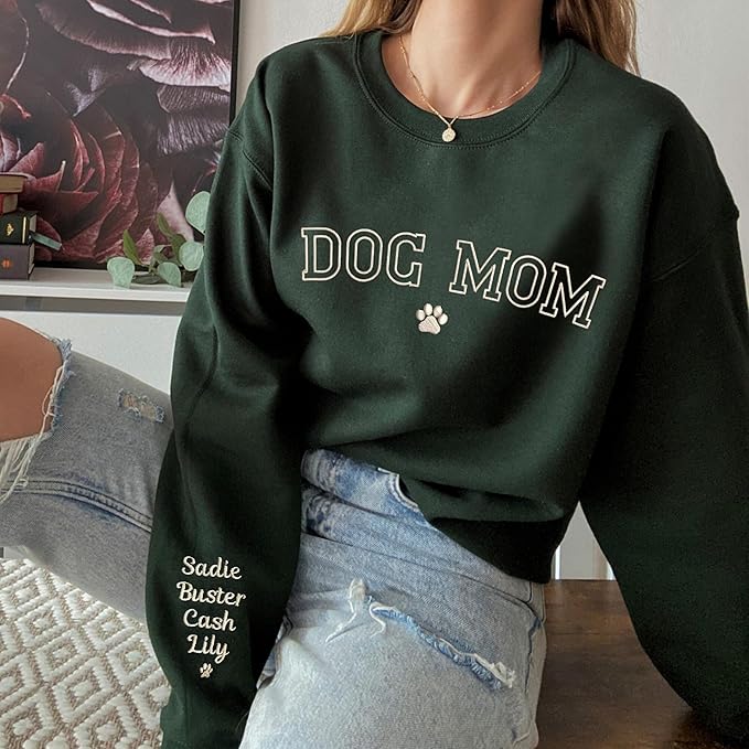 NAZENTI Custom Dog Mom Embroidered Sweatshirt with Pet Name on Sleeve, Fur Mama, Dog Lover Gifts