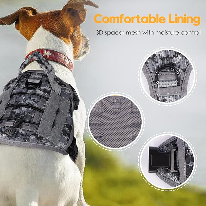 Heavy-Duty Tactical Dog Harness for Large Dogs, No Pull Adjustable Reflective Pet Vest with Molle System, K9 Military-Grade Control for Service Training, Outdoor & 10+ Breeds, Gray Camo, Medium