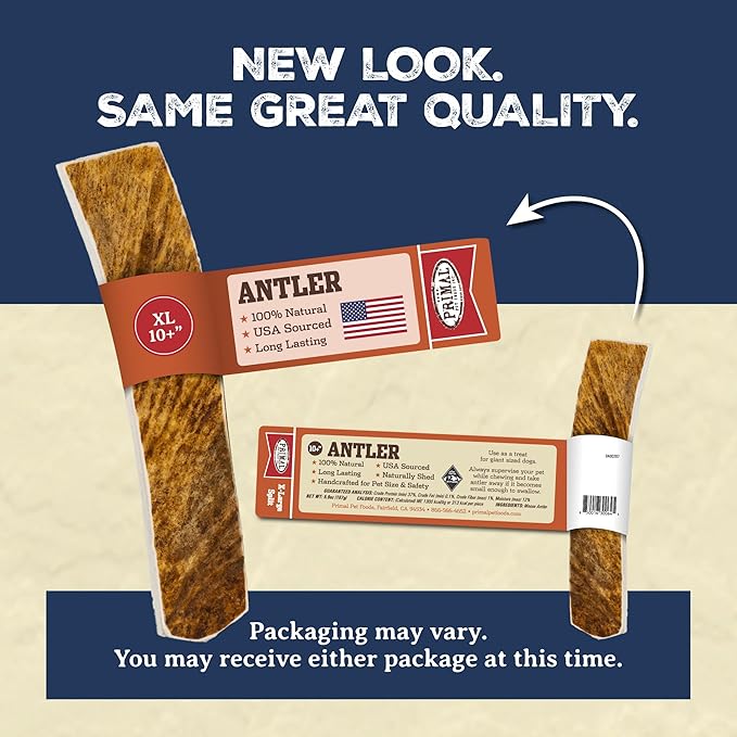 Primal Antlers for Dogs, Grade A Split Stag Antlers for Large Canines 45-60 lb, Natural Chews for Aggressive Chewers, Naturally Shed, Long Lasting Dog Bones, 1 ct