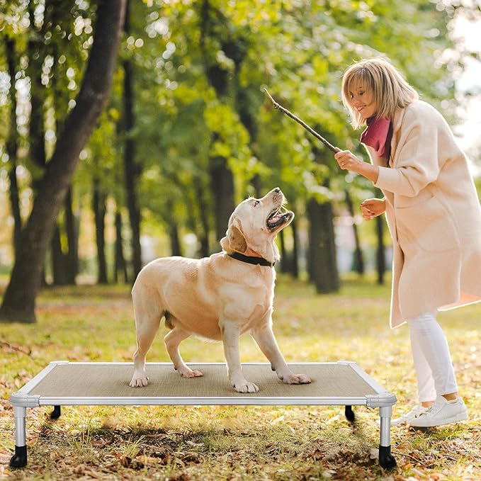 Veehoo Chew Proof Elevated Dog Bed - Cooling Raised Pet Cot - Silver Aluminum Frame and Durable Textilene Mesh Fabric, Unique Designed No-Slip Feet for Indoor or Outdoor Use, Beige Coffee, Large