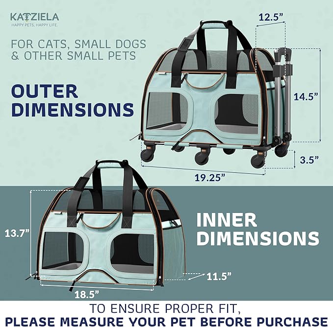 Katziela Pet Carrier - Airline Compliant Dog Carrier - TSA Approved Pet Carrier for Small Dogs and Cats - Soft FAA Travel Airplane Dog Carrier Luggage (Blue/Brown-6 Wheels)