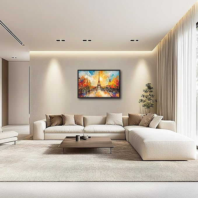 Framed Large Eiffel Tower Wall Art for Living Room, Oversized Paris City Street Landscape Wall Decor, Colorful Sunrise Canvas Painting Modern Artwork for Living Room Bedroom Office 36"x24"