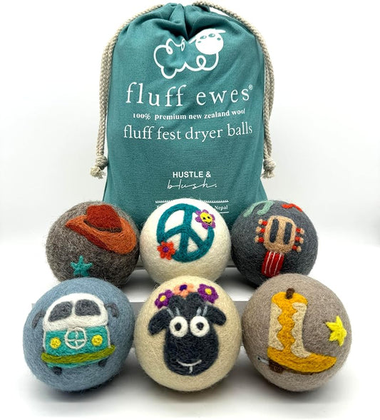 Fluff Ewes Wool Dryer Balls 6 Pack Premium New Zealand Wool Laundry Balls for Dryer, No Static Dryer Balls Laundry Reusable, XL Wool Dryer Balls Cute, Baby Dryer Balls for Dryers - Fluff Fest