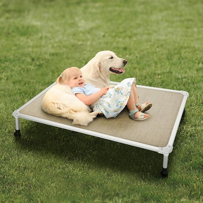 Veehoo Chew Proof Elevated Dog Bed - Cooling Raised Pet Cot - Silver Aluminum Frame and Durable Textilene Mesh Fabric, Unique Designed No-Slip Feet for Indoor or Outdoor Use, Beige Coffee, X Large
