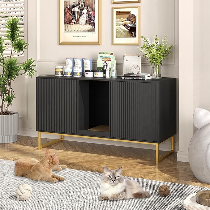 Litter Box Enclosure for 2 Cats, Fluted Hidden Cat Litter Box Furniture with Scratch Pad and Metal Legs, Modern Double Room Kitty House for Living Room, Washroom, 47.2”L x 17.7”W x 25.9”H, Black