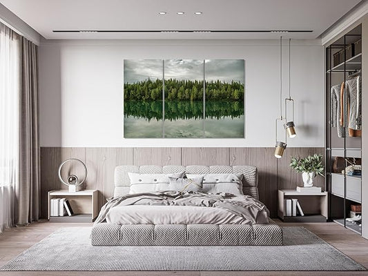 Nature Wall Art Prints - Ocean Forest Mountain Lake Canvas Landscapes - Small to Extra Large Living Room Bedroom Kitchen Bathroom Décor (Forest Reflection, 39L" x 59W" - 3 Panels)