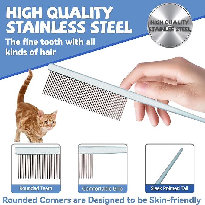 Grooming Pet Comb Rat Tail Dematting Cat and Dog Comb,Rounded Ends Design for Safe Tangle Removal, Hairstyling, Massage,Loose Hair Removal,Prevent Irritation,Fluffing Paws,Face,Tail,Remove Tear Stain