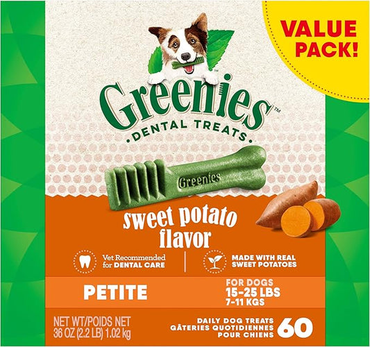Greenies Petite Dental Dog Treats, Sweet Potato Flavor, 36 oz. Pack (60 Treats)