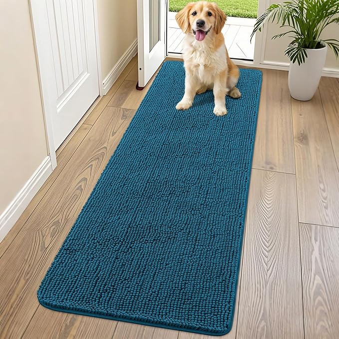 Smiry Dog Door Mat for Muddy Paws 70x24, Absorbs Moisture and Dirt Doormat, Non-Slip Washable Quick Dry Chenille Front Door Mat Indoor Entrance, Entryway Carpet for Inside Floor, Atlantic Blue