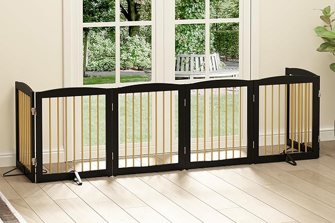 Freestanding Pet Gate for Dogs, Foldable Wooden Dog Gate for House, Extra Wide Indoor Pet Barrier for Stair, Doorway, Hall, Support Feet Included, 120 Inch Wide, 6 Panels 24",Black&Gold
