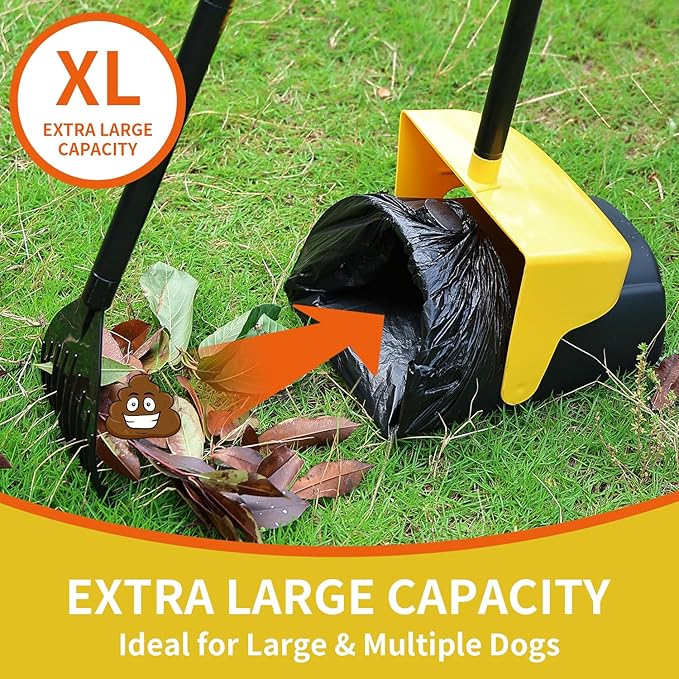 Pooper Scooper Large Swivel Bin & Rake with 160 Waste Bags,Heavy Duty Dog Pooper Scooper with Bag Attachment for Large Small Dogs, Long Handle Poop Scooper with Lid for Yard, Grass, Gravel (Yellow)