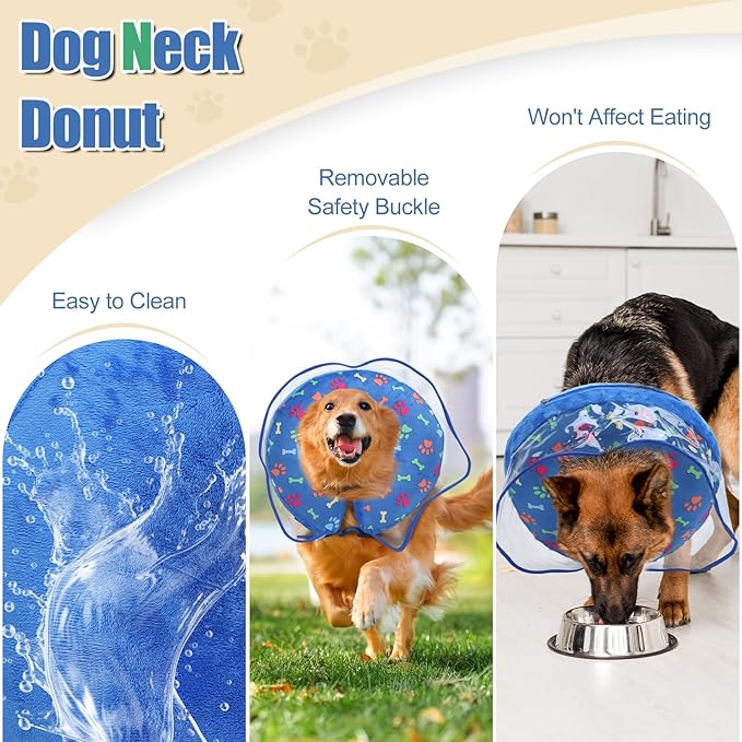Inflatable Dog Cone Collar, Adjustable Size Soft PVC 2-in-1 Dog Donut Collar After Surgery with Detachable, Inflatable Collar for Small Medium Large Dogs and Cats (Blue, L)