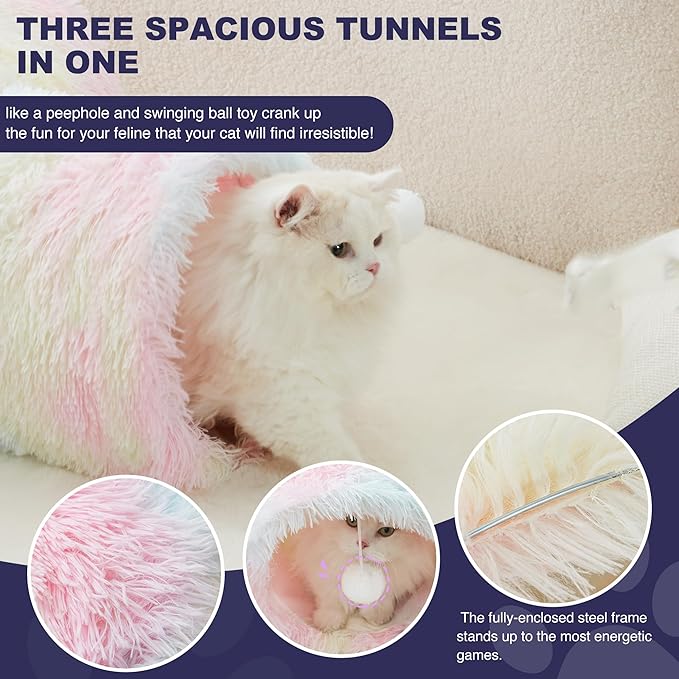 Tempcore Plush Pet Cat Tunnel Tube Cat Toys 3 Way Collapsible, Tunnels for Indoor Cats,Kitty Tunnel Bored Pet Toys Peek Hole Ball Puppy, Kitty, Kitten, Rabbit Rainbow