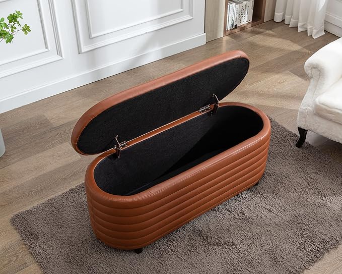 Storage Ottoman Bench Upholstered PU Leather End of Bed Stool with Safety Hinge for Bedroom, Living Room, Entryway (44.5-inch, Brown), TN2436
