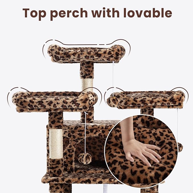 SHA CERLIN 68 Inches Multi-Level Large Cat Tree for Large Kitties/Big Cat Tower with Condo/Cozy Plush Pussycat Perches/Sisal Scratching Posts and Hammocks/Activity Center/Leopard Print