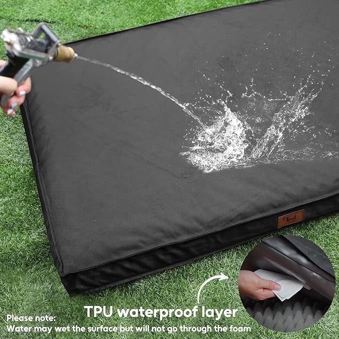 Outdoor Extra Large Dog Bed, Jumbo Waterproof Dog Bed for Large Dogs, Orthopedic Egg Foam Pet Bed Mat with Removable Oxford Cooling Cover, Black