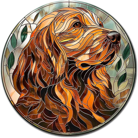 Lygond Metal Sign Tin Sign Circular Stained Glass Dog Outhouse Wall Decor For Pet 8×8 Inches