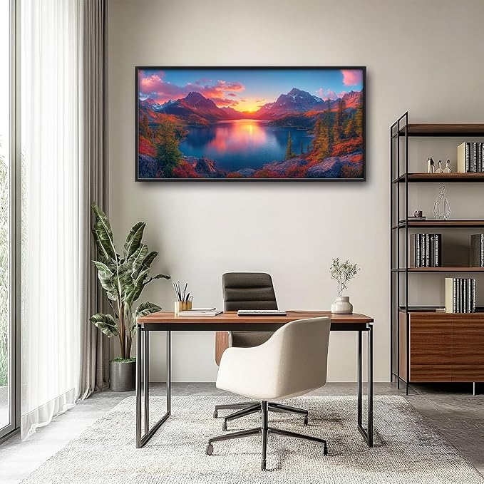 Large Lake Mountain Landscape Wall Art for Living Room, Nature Sunrise Canvas Oversized Wall Decor, River Forest Scenery Framed Pictures Painting Print Artwork for Bedroom Office 60"L x 30"W