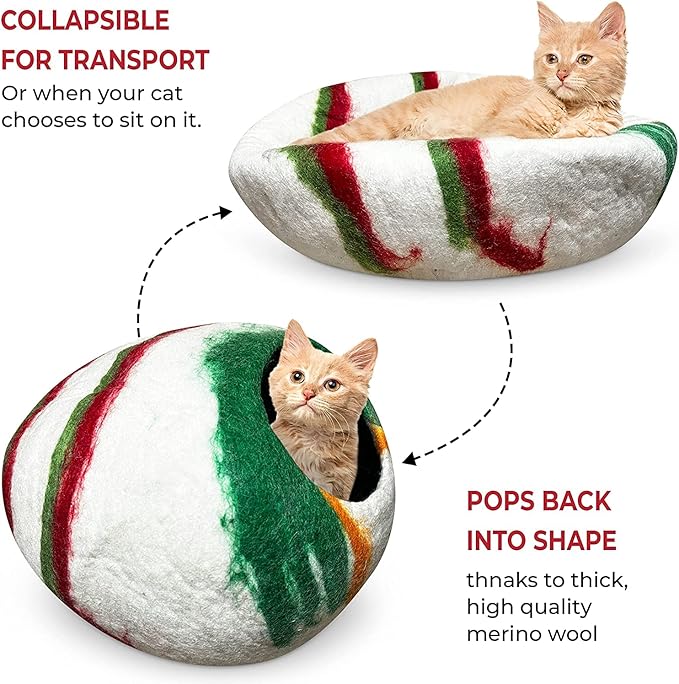 Woolygon Premium Felt Cat Cave Bed โ Wool Kitty Beds Handcrafted Kitten Caves Bed for Indoor Cats - Made from 100% Eco-Friendly Merino Wool, Foldable Cat Hidewawy Covered Cat House Pod (Candy Swirl)