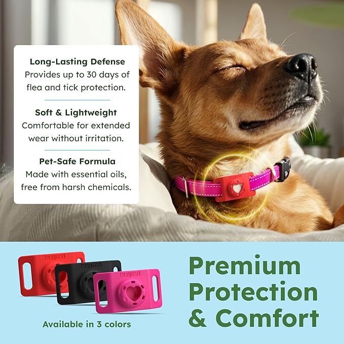 BugMD Paw Guardian Flea and Tick Prevention Pendant for Dogs & Cats with AirTag Holder | Plant-Powered Flea & Tick Control for Dog Collars & Cat Harnesses | Cat and Dog Tag with Air Tag Holder - Red