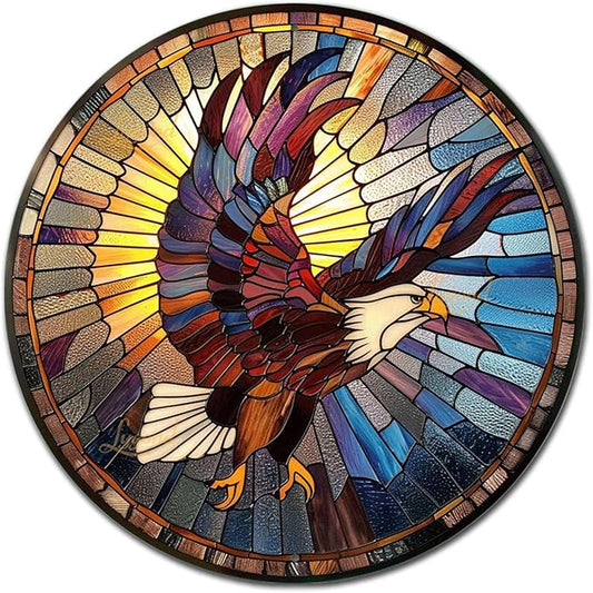 Lygond Metal Sign Tin Sign Circular Stained Glass Eagle Kitty Decor For Pet 8×8 Inches