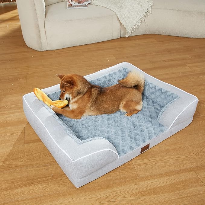 Orthopedic Dog Beds, Waterproof Memory Foam Large Sized Dog Beds with Sides, Non-Slip Bottom and Egg-Crate Foam Big Dogs Beds with Removable Washable Cover(Large,Light Grey)