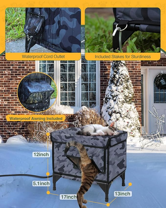 Premium Heated Cat House for Outside Cats, 100% Weatherproof & Windproof Escape Door, Elevated Base, Winter Insulated Feral Stray Outdoor Cat Shelter with Heater