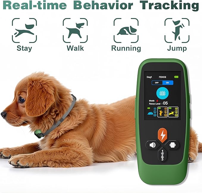 4-in-1 Wireless Dog Fence System Electric Dog Fence with Training Collar & Anti-Bark Collar | Real-Time Pet Status Display | Portable Waterproof Outdoor Pet Containment System