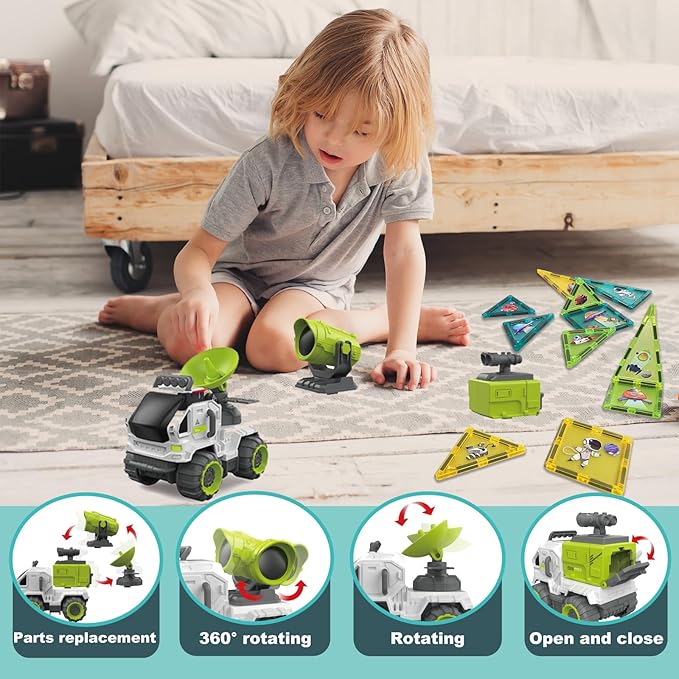 Magnetic Tiles Building Block Set Magnet Tiles Educational Toy Space Adventure Learning Construction Magnetic Toys Set Birthday Gift for Boys Girls Kids Age 3 4 5 6 7 8