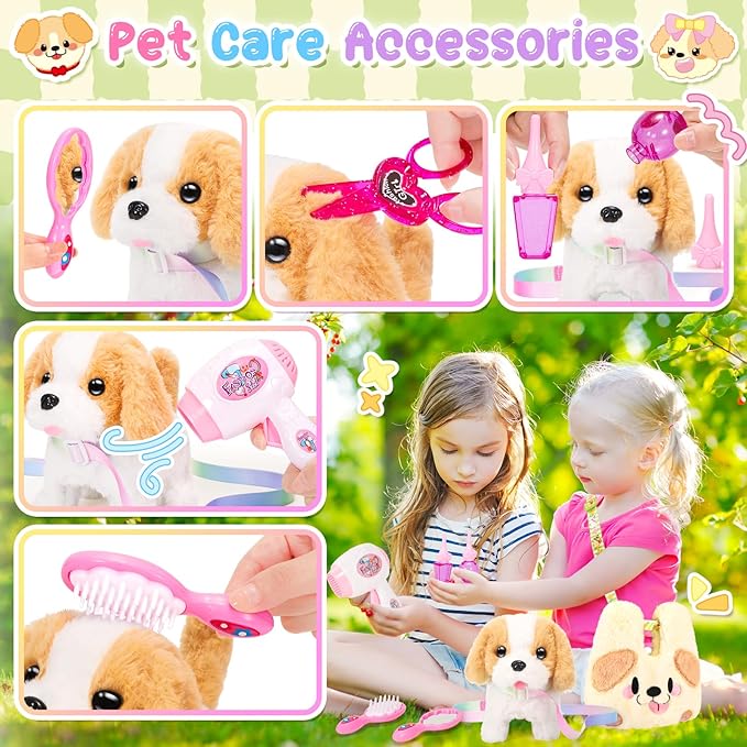 Plush Dog Toys for Kids with Crossbody Bags, Puppy Toys Robot Dog with Leash Walking Barking Tail Wagging, Pretend Play Pet Care Cute Stuff Electronic Interactive Toddler Birthday Gifts