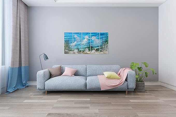 SYGALLERIER Coastal Metal Wall Art Handcrafted 3D Jelly Fish Aluminum Artwork Modern Sea World Pictures Contemporary Abstract Sculpture for Living Room Bedroom Bathroom Decor