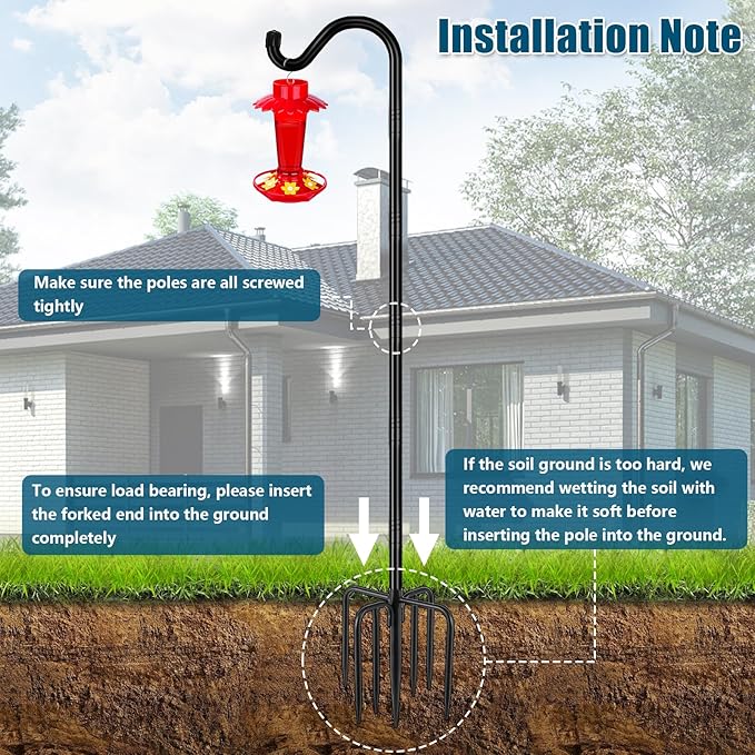 Gtongoko Shepherds Hook for Outdoor, 92 Inch Bird Feeder Pole with 7 Prongs Base, 3/4 Inch Thick Heavy Duty Adjustable Garden Hook for Hanging Plant, Hummingbird Feeder, Lantern, 1 Pack
