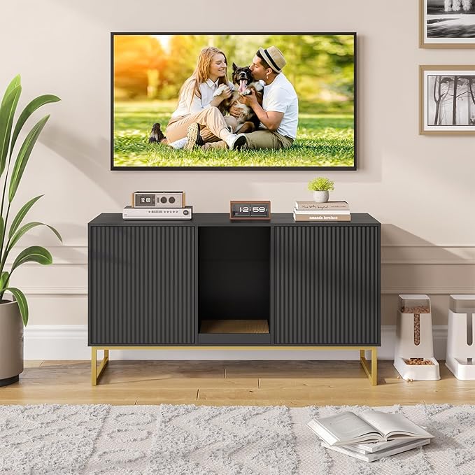 Litter Box Enclosure for 2 Cats, Fluted Hidden Cat Litter Box Furniture with Scratch Pad and Metal Legs, Modern Double Room Kitty House for Living Room, Washroom, 47.2”L x 17.7”W x 25.9”H, Black