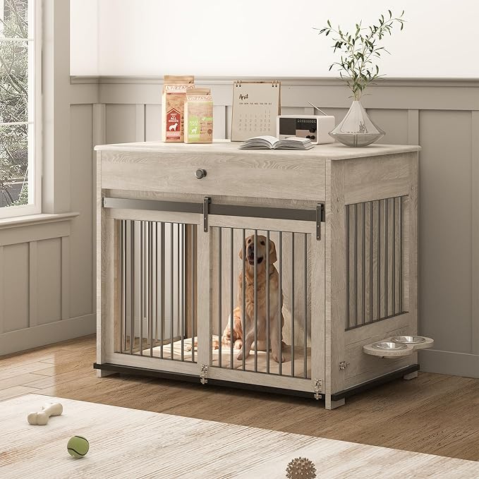 Large Dog Crate with Sliding Door, Furniture-Style Wooden Indoor Kennel, Integrated Side Table & Drawer, Secure Lock, 360° Rotating Bowl, Modern Pet House - Ideal for Home Decor (Grey)