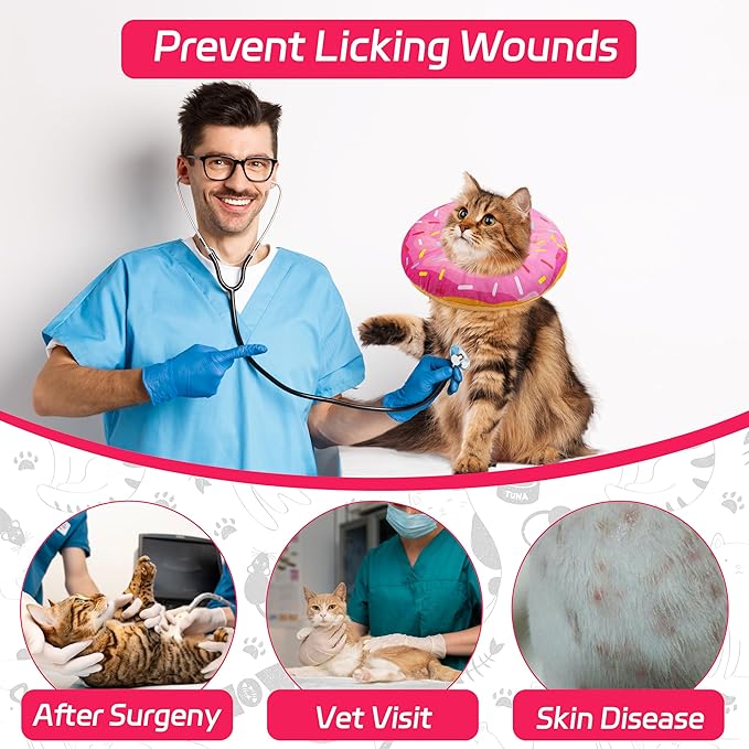Cat Cone Collar Soft, Adjustable Cat Recovery Collars Spay Cones to Stop Licking, Cute Donut E Collar After Surgery, Anti-Lick Wound Healing Elizabethan Collar for Kittens (Donut Pink, Small)