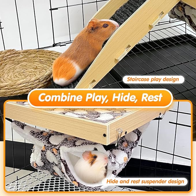 Guinea Pig Hideout,Natural Wood Removable Guinea Pig Bed, Small Animal Habitat with Hanging Hammock/Staircase/Cushion, Suitable for Small Animals to Hide, Rest, Play