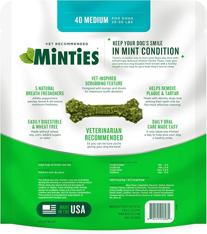 Minties Dental Chews for Dogs, 40 Count, Vet-Recommended Mint-Flavored Dental Treats for Medium Dogs 25-50 lbs, Dental Bones Clean Teeth, Fight Bad Breath, and Removes Plaque and Tartar