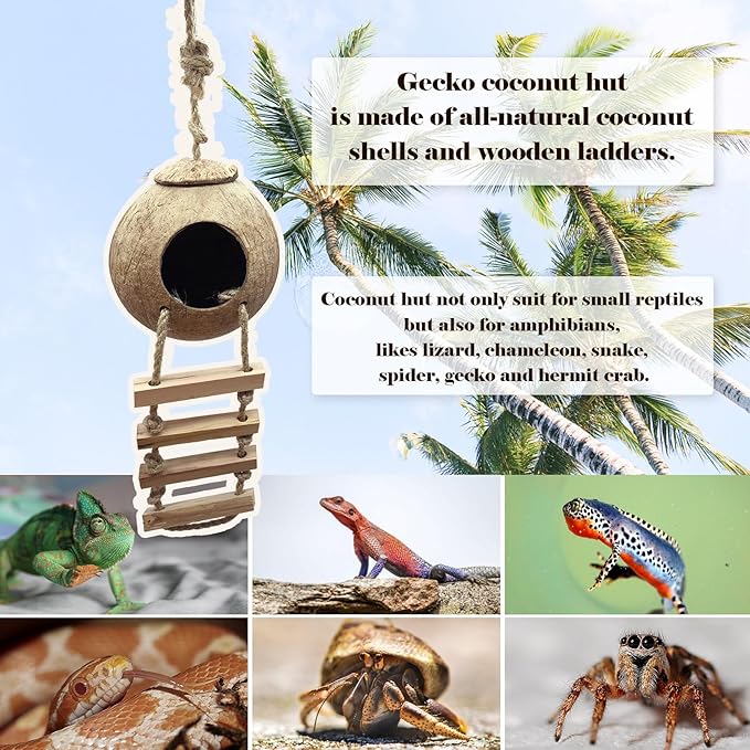 Crested Gecko Tank Accessories,Gecko Coconut Hut Hideout with Ladder Reptile Hammock Lizards Hanging Plants Flexible Climbing Jungle Vine Leaves Terrarium Decor