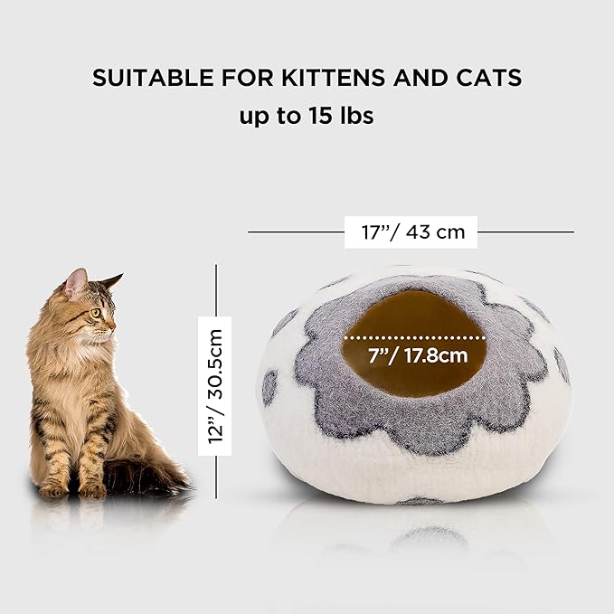 Woolygon Premium Felt Cat Cave Bed โ Wool Kitty Beds Handcrafted Kitten Caves Bed for Indoor Cats - Made from 100% Eco-Friendly Merino Wool, Foldable Cat Hidewawy Covered Cat House Pod (Flower Collar)