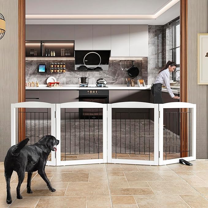 ZJSF Freestanding Dog Fence Indoor, Foldable Dog Gate for Doorways, Stairs or Hallways, Sturdy Wood Extra Wide Pet Gate with Support Feet for The House, White, 24 "Height-4 Panels